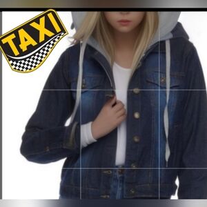 TAXI brand denim jacket with attached gray hoodie Designer Sz. L